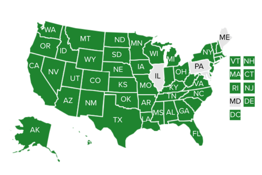 U.S. map showing which states use the National Standards for Systems of Care for CYSHCN