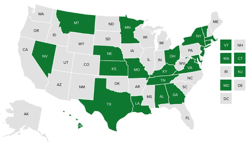 U.S. map with states that have palliative care information programs highlighted in green