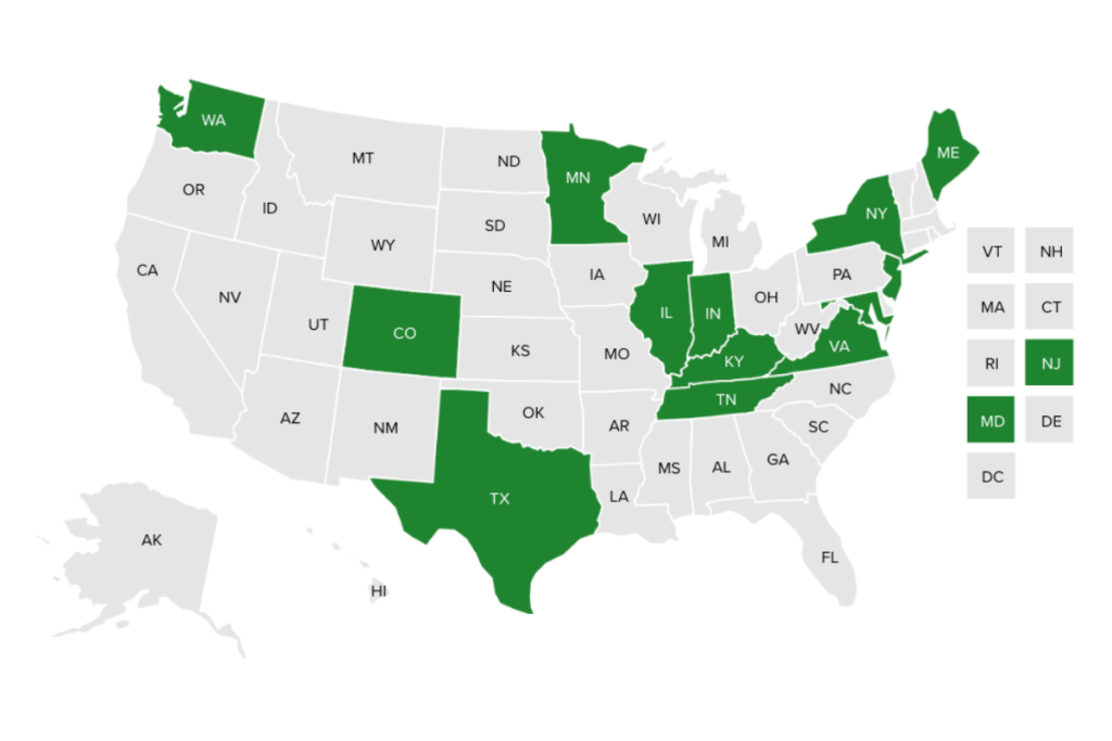 U.S. map highlighting states with budgetary or legislative action on palliative care
