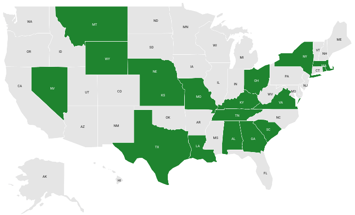 U.S. map with states that have palliative care information programs highlighted