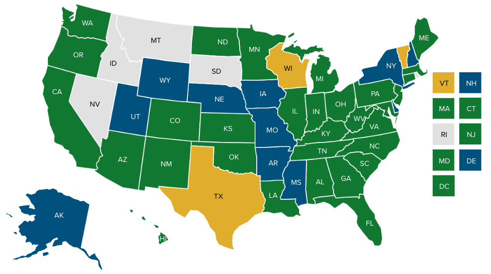 Map of the U.S. showing the status of state efforts to extend postpartum Medicaid coverage