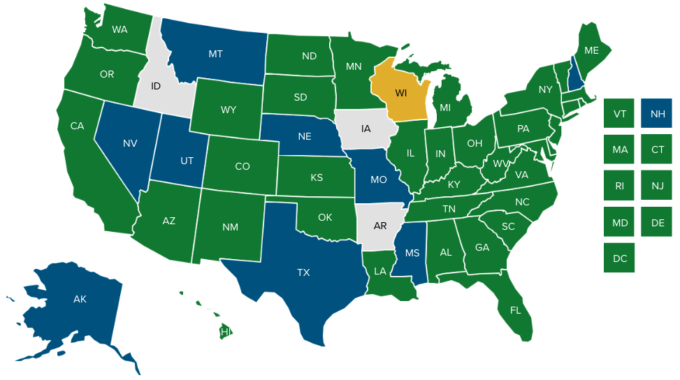 Map showing the status of state actions to extend Medicaid postpartum coverage