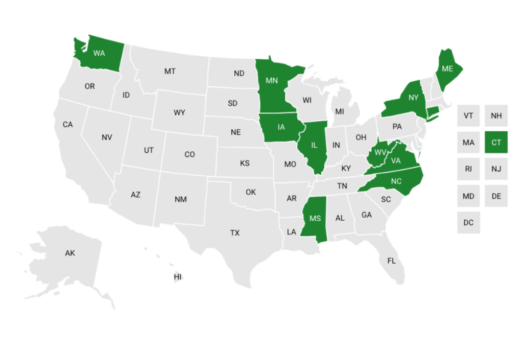 Map of the U.S. showing states that passed certificate of need laws in 2023