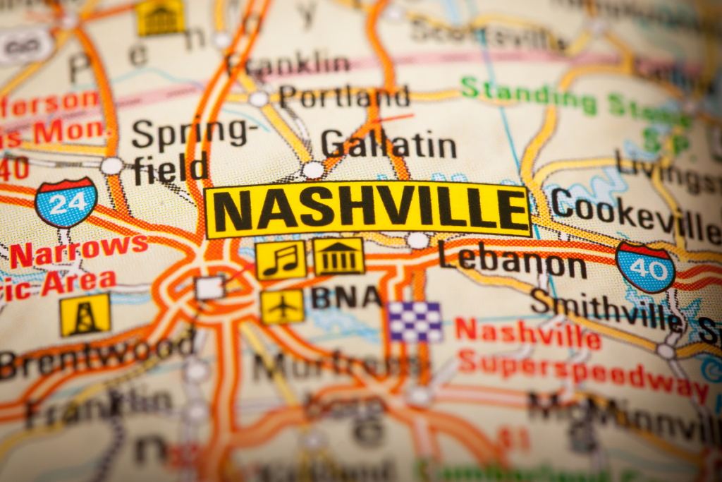 Closeup of Nashville on a map